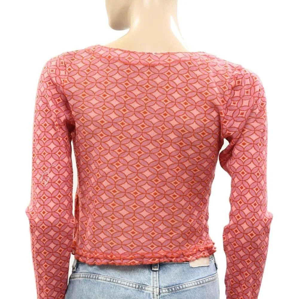 Free People Garner Long Sleeve Tee Blouse Top Cotton Print Ruffle L New